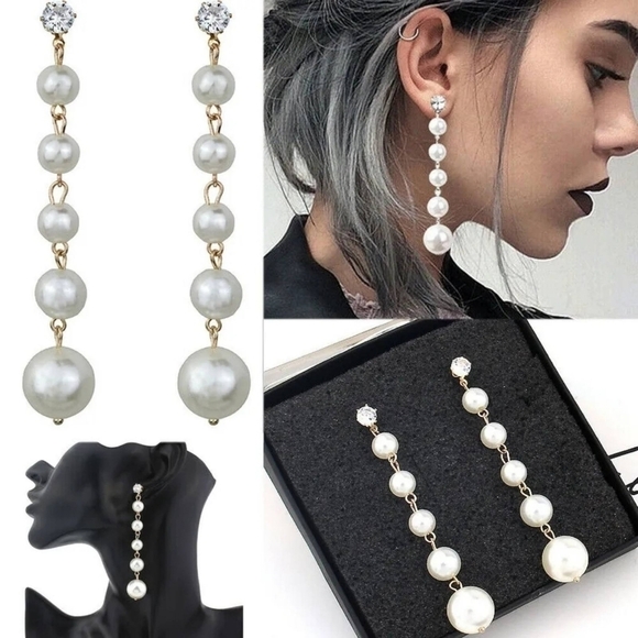 White Pearl String Earrings Pearl/Gold/Rhinestone Casual Wedding Woman gift Chri - Picture 1 of 2